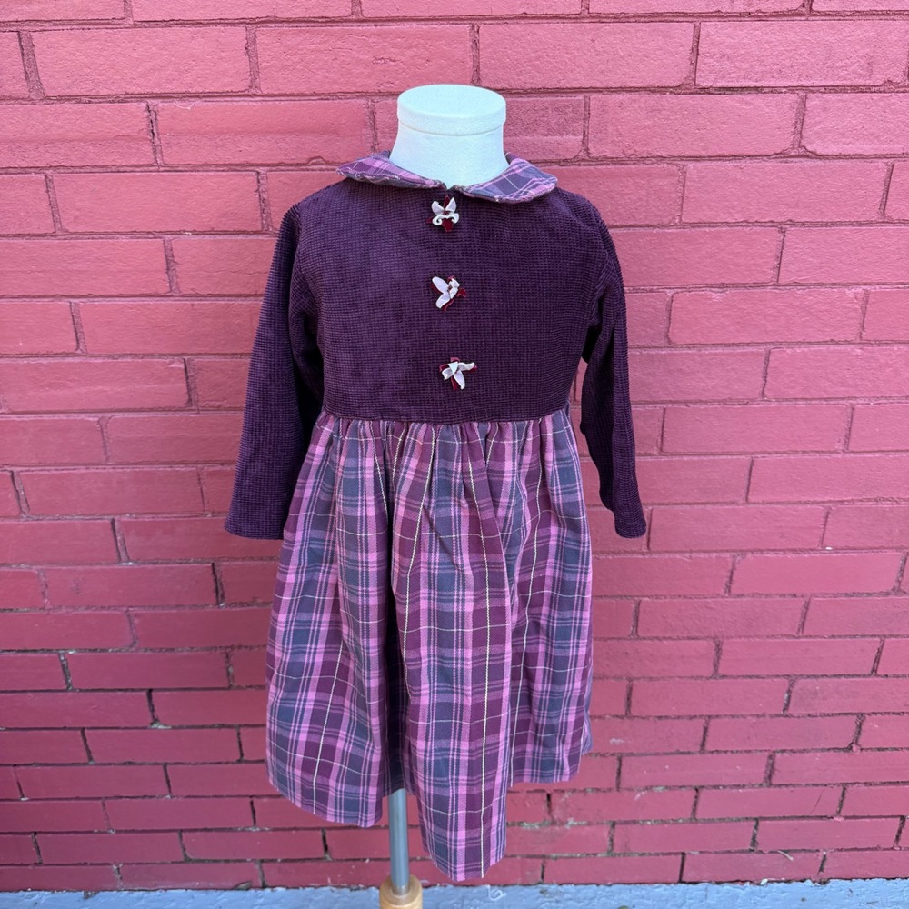 Vtg Plaid Corduroy Dress Toddler Size 3T Long Sleeve Dress Cute Button Accent